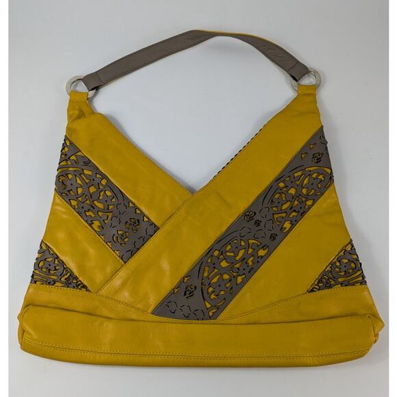 Free Endearment Yellow Purse Leather V Cut Hobo Lazer Cut Satchel Tote Bag Top - Picture 2 of 16